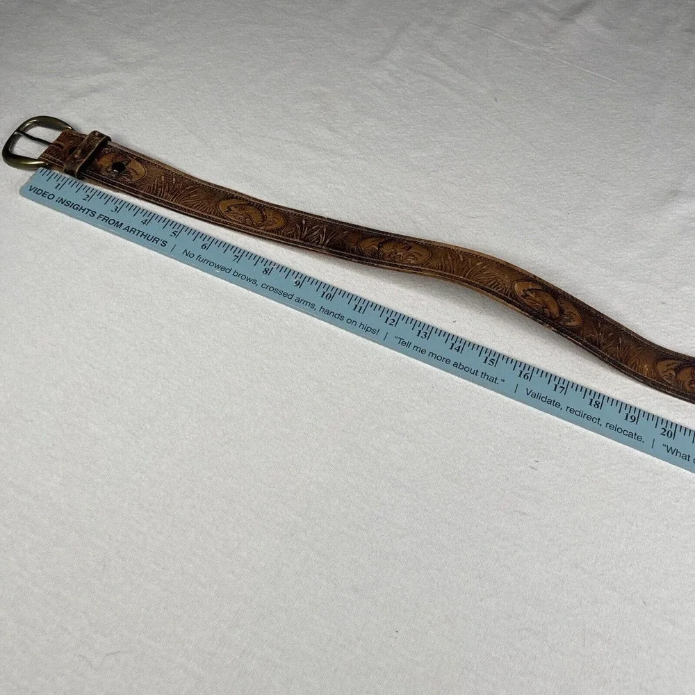 Engraved Leather Belt 44” Fishing Brown Fish Lakes Walleyes Northern ￼bass Pole